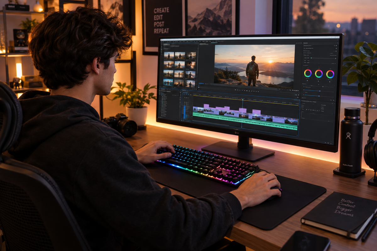 Creador de contenido usando teclado gaming RGB en su setup de escritorio